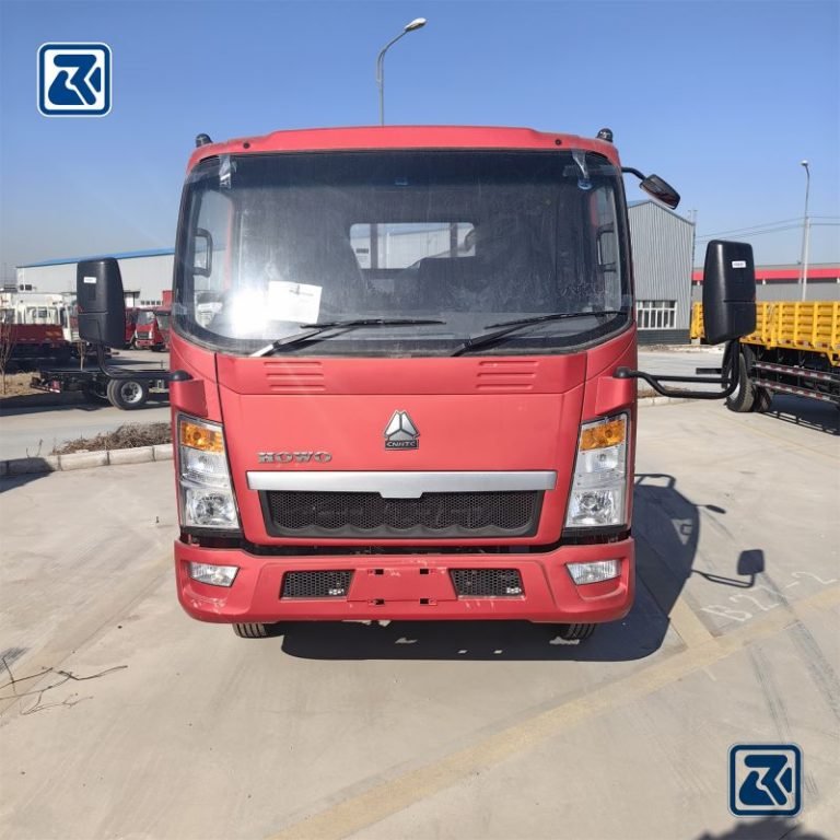 Frontal view of a red HOWO 4x4 Cargo Light Truck showing the cabin and grille design.