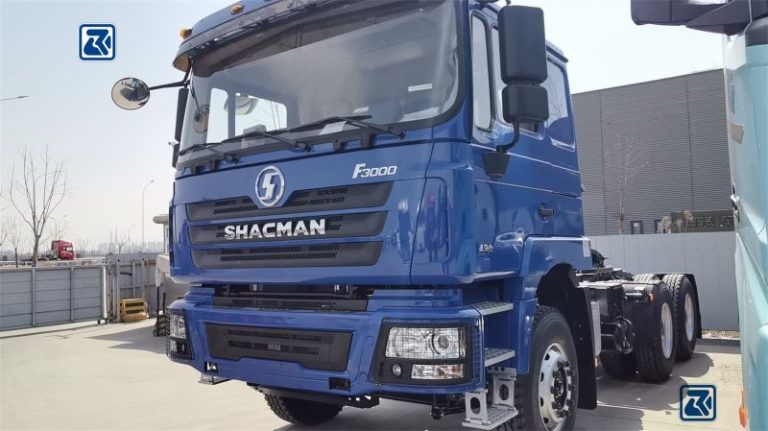 Frontal view of a blue Shacman F3000 6X4 Tractor Truck, sturdy front bumper design.