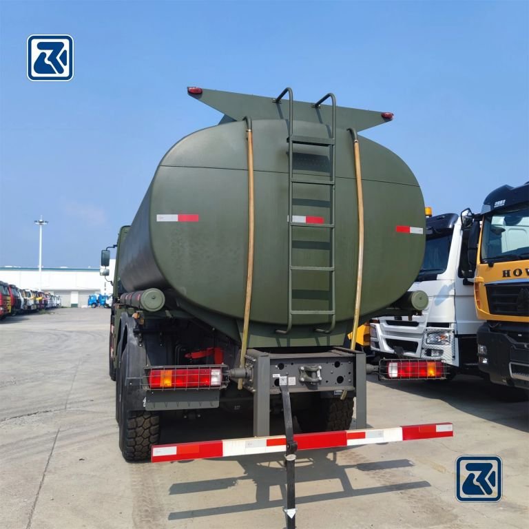 Rear view of HOWO tanker truck, hydraulic hoses and connections