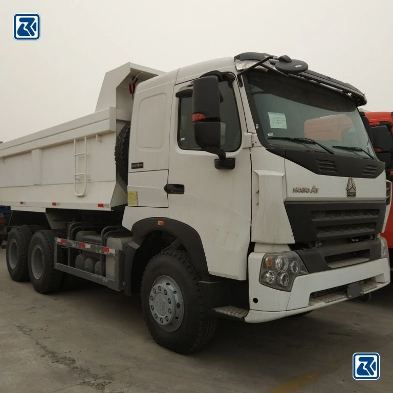 HOWO dump truck parked in lot, front and side view