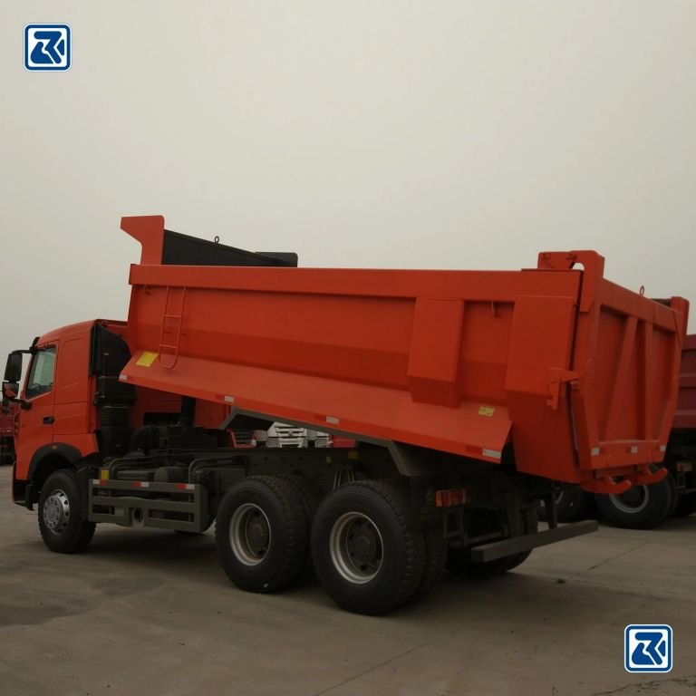 HOWO dump truck with raised bed, rear and side view