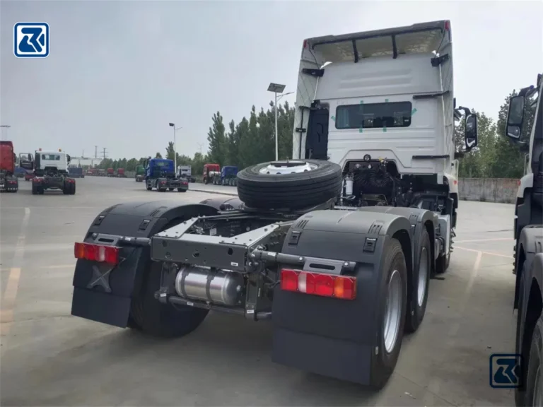 Rear view of HOWO tractor trailer with durable construction and advanced suspension system for optimum performance.