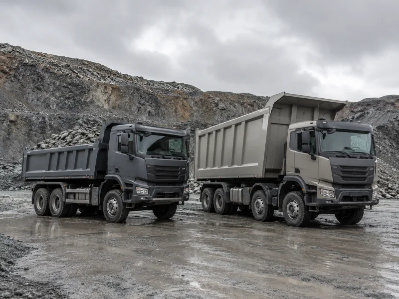 Two tippers with different axle layouts on a loading pad, showing how body depth follows the material.