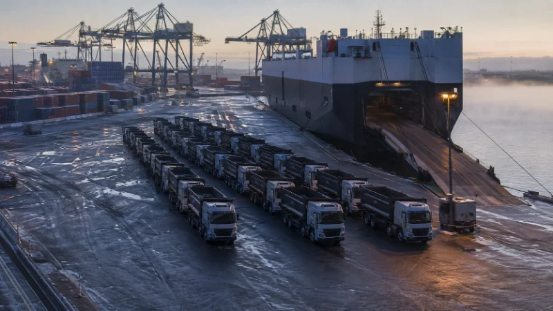 Tipper trucks staged at a port before roll-on shipment, where landed-cost charges begin to accumulate