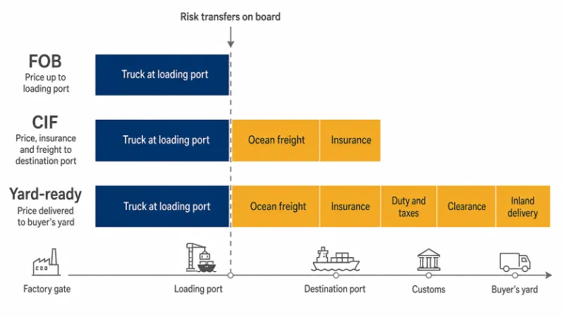 Stacked bar diagram comparing three export price bases, showing cost rising from factory gate to buyer's yard.