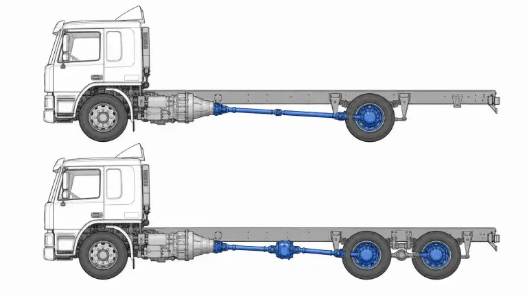 Conjunto de eixo traseiro de um trator de alta resistência mostrando configurações de eixo de tração simples e tandem para diferentes classificações GCW