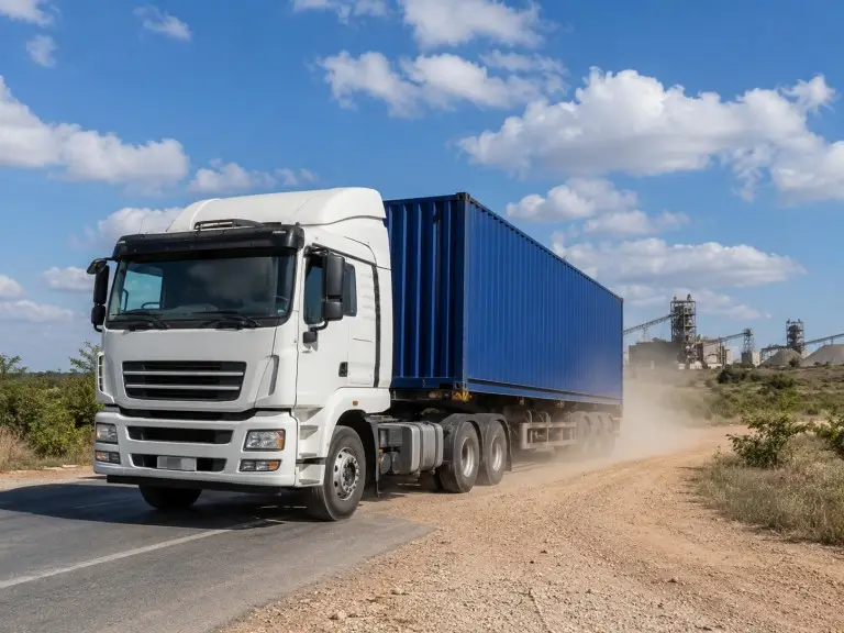 Caminhão trator Shacman 6x4 puxando um reboque de contêineres carregado por uma estrada de acesso de cascalho com rodovia pavimentada visível ao fundo