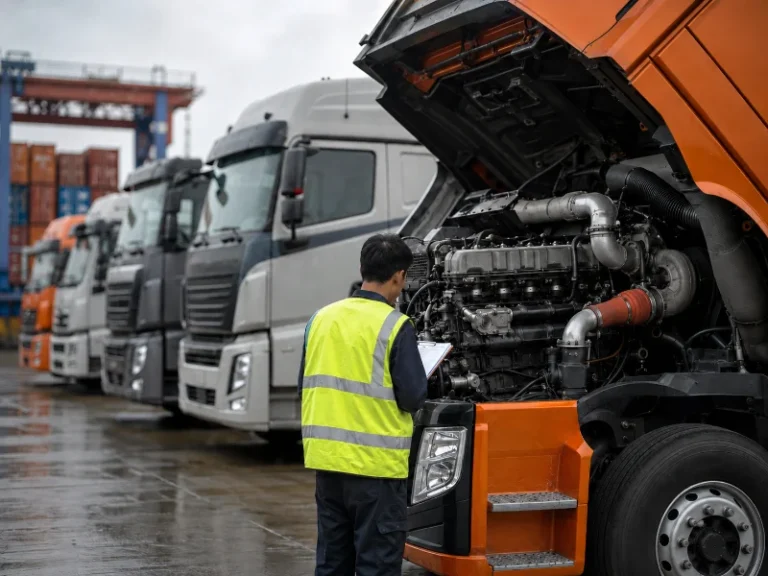 Chinese-built heavy tractor units at an export yard awaiting engine specification checks