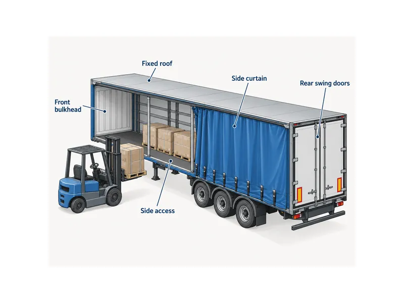 Curtain side trailer construction with fixed roof, front bulkhead, sliding side curtain and rear swing doors