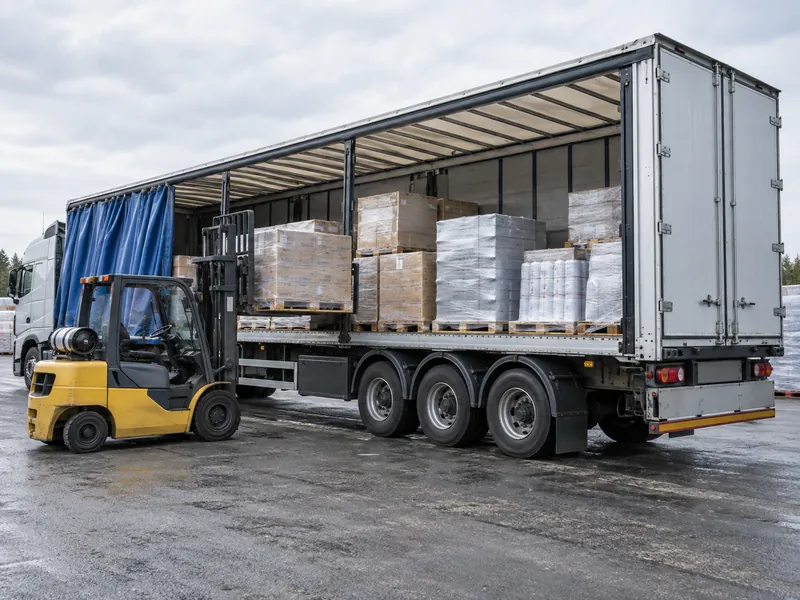 Forklift side-loading pallets into a curtain side trailer through open curtains for three-side access