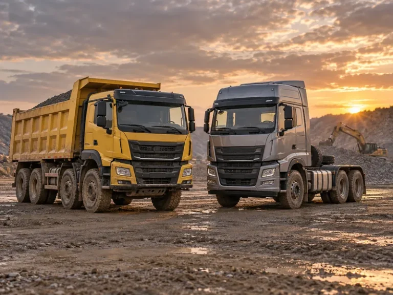 Two heavy-duty dump trucks at a construction site, framing a heavy truck brand comparison by duty cycle