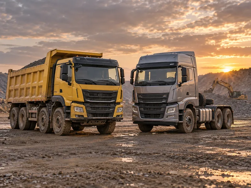 Two heavy-duty dump trucks at a construction site, framing a heavy truck brand comparison by duty cycle