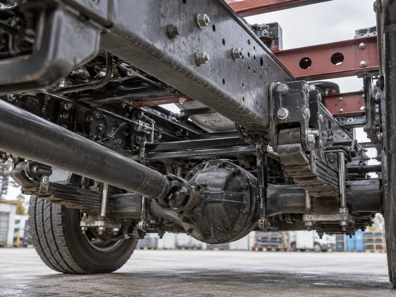 Close-up of a heavy-duty truck chassis frame rails and drivetrain, a durability factor in heavy truck selection