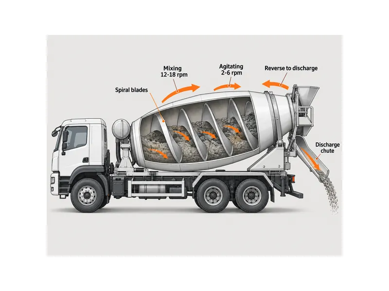 Diagram of how a HOWO concrete mixer truck drum works, showing spiral blades, mixing versus agitating rotation speeds, and reverse discharge