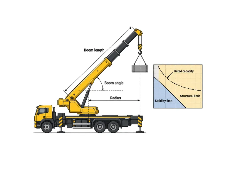 HOWO truck crane load chart diagram relating boom length, radius, and boom angle to rated capacity