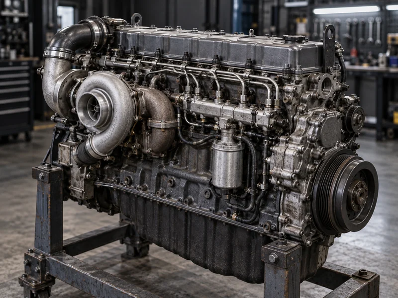 Inline-six diesel engine close-up for a 371 vs 420 dump truck showing the WD615-family unit behind parts availability