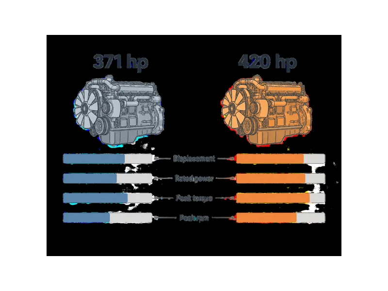 371 vs 420 dump truck engine spec comparison diagram of displacement, rated power, peak torque and rpm
