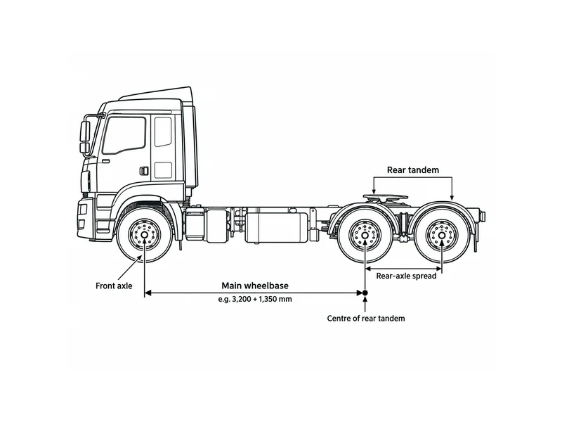 Diagram of HOWO 6x4 tractor wheelbase notation, showing the main wheelbase to the rear tandem and the separate rear-axle spread in the two-number figure.