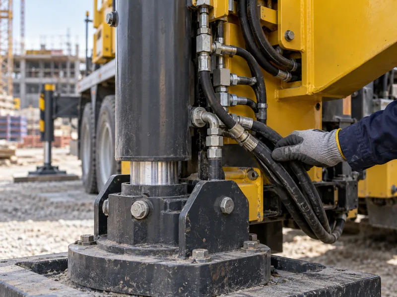 Operator running a daily pre-operation inspection on a HOWO crane hydraulic system