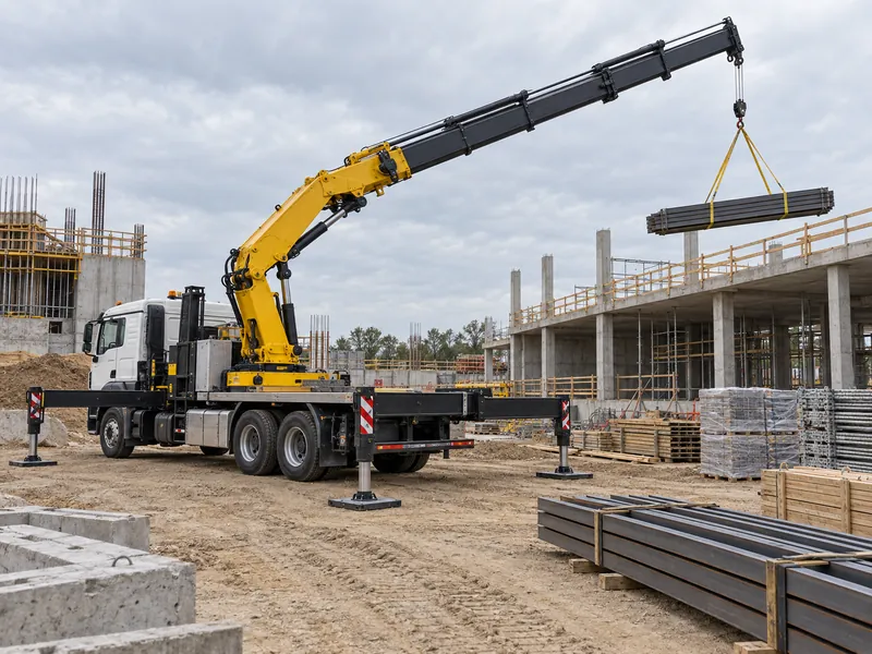 HOWO truck-mounted crane sequencing lifts from one set-up point on a construction site