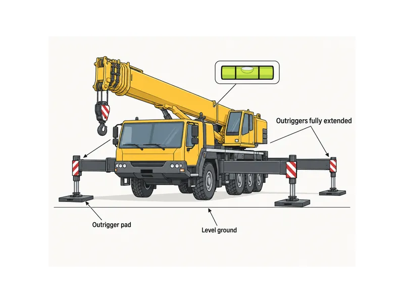 HOWO crane outrigger setup on level ground with full extension and pads to hold rated capacity