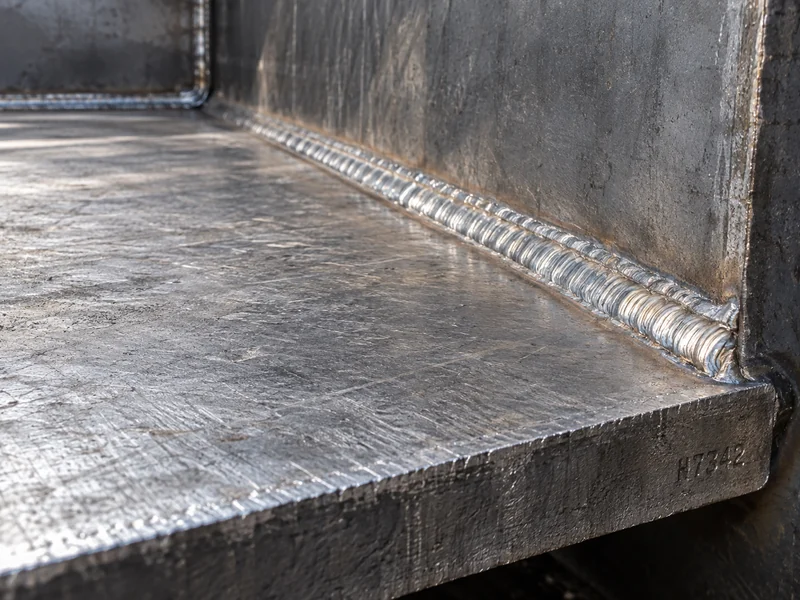 HOWO dump truck body material close-up of AR wear plate and weld seam on the bed floor