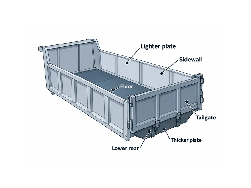 HOWO dump truck body material cross-section marking floor, sidewall and tailgate plate zones and thickness
