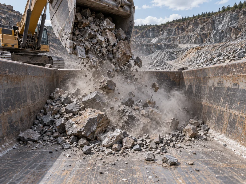 HOWO dump truck body material under impact load as blasted rock drops into the AR steel bed at a quarry