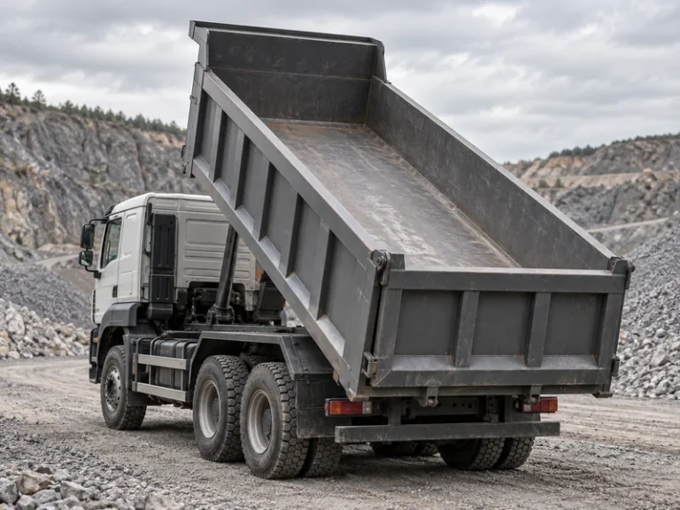 HOWO dump truck body material shown as an abrasion-resistant steel cargo box with a heavy-gauge floor plate