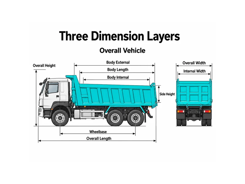 HOWO dump truck dimension diagram comparing overall size, cargo body external and internal dimensions