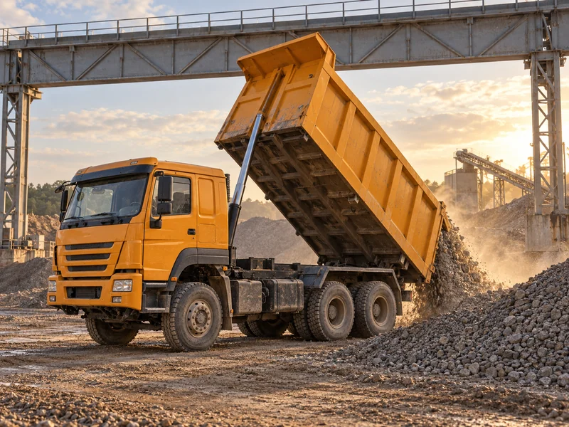 HOWO dump truck tipping at full raised height showing discharge clearance above travelling height