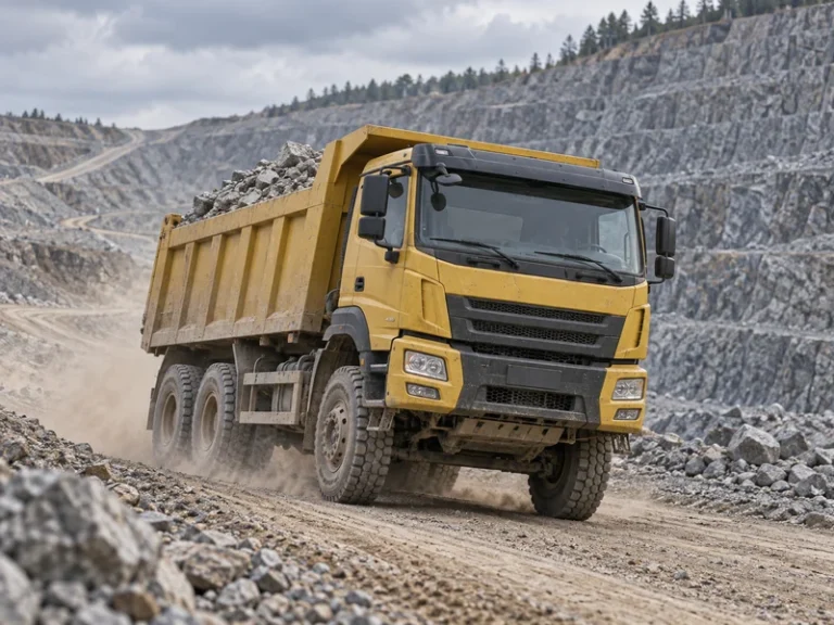 Loaded HOWO 6x4 dump truck climbing a quarry grade, illustrating how gear ratio and rear axle ratio set grade-climbing torque