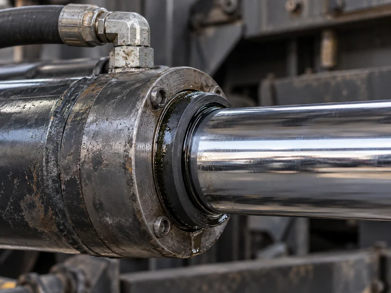 Close-up of a HOWO dump truck hydraulic cylinder rod and seal, a common leak and side-load wear point