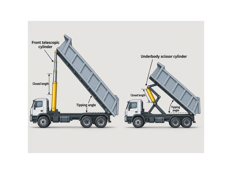 Telescopic versus underbody scissor cylinder layouts in a HOWO dump truck hydraulic system, showing closed length and tipping angle