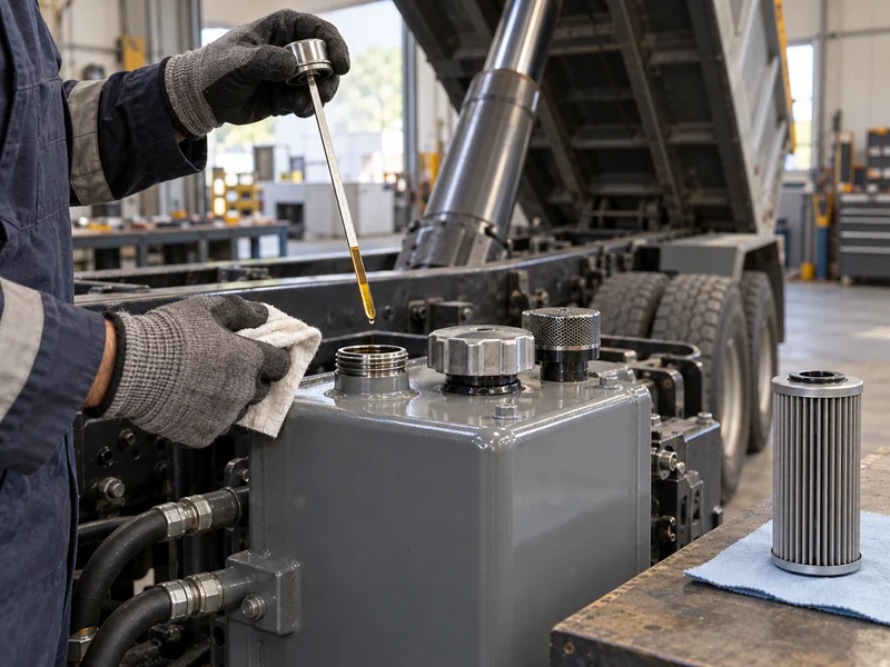 Checking hydraulic fluid level and condition at a HOWO dump truck hydraulic system reservoir during maintenance