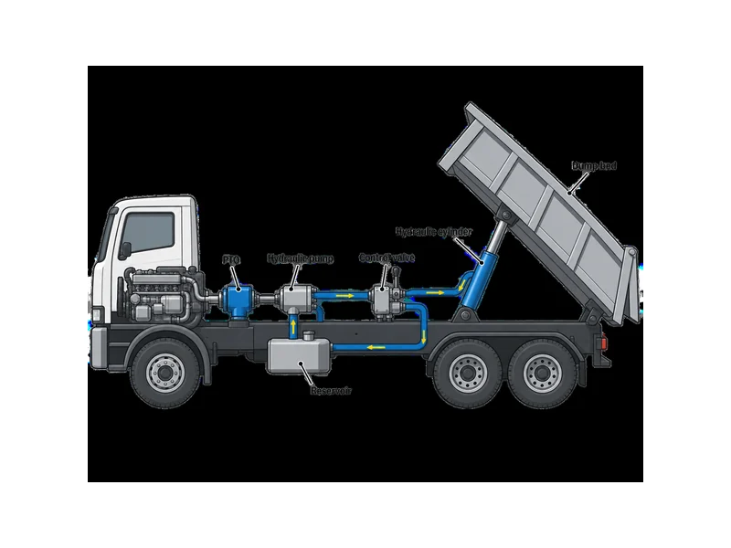 HOWO dump truck hydraulic system power chain from PTO and pump through the control valve to the cylinder