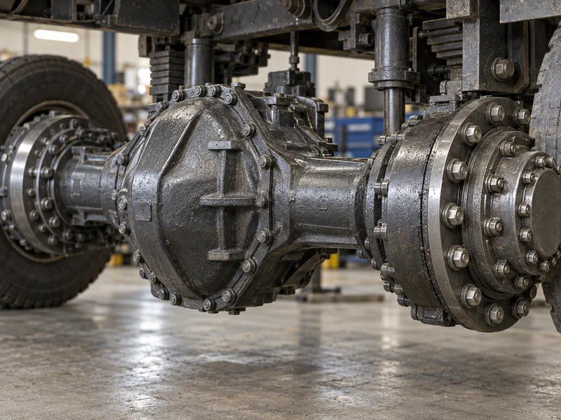 Close-up of a HOWO dump truck double-reduction rear drive axle, the hub-reduction hardware behind a higher rear axle ratio