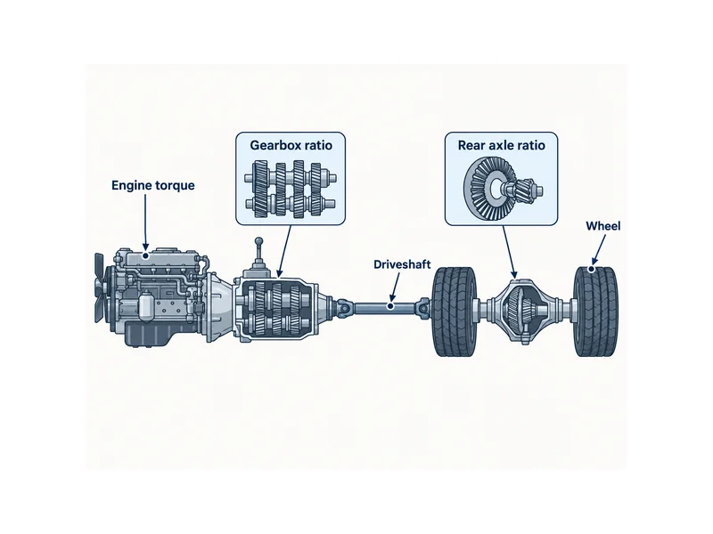 Diagram splitting a HOWO dump truck gear ratio into the gearbox ratio spread and the fixed rear axle ratio between driveshaft and wheels