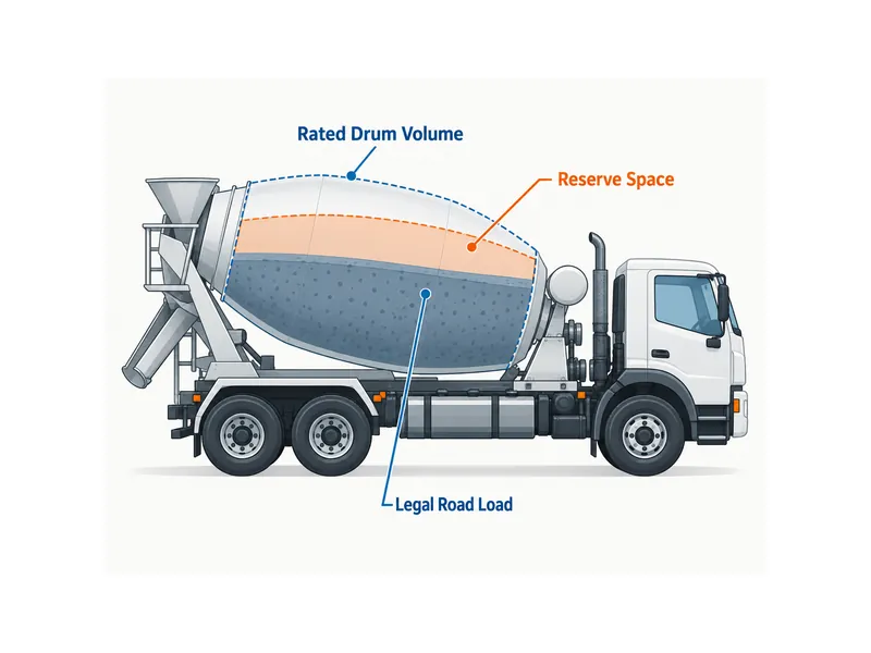 Diagram of HOWO concrete mixer truck capacity comparing rated drum volume with legal road load