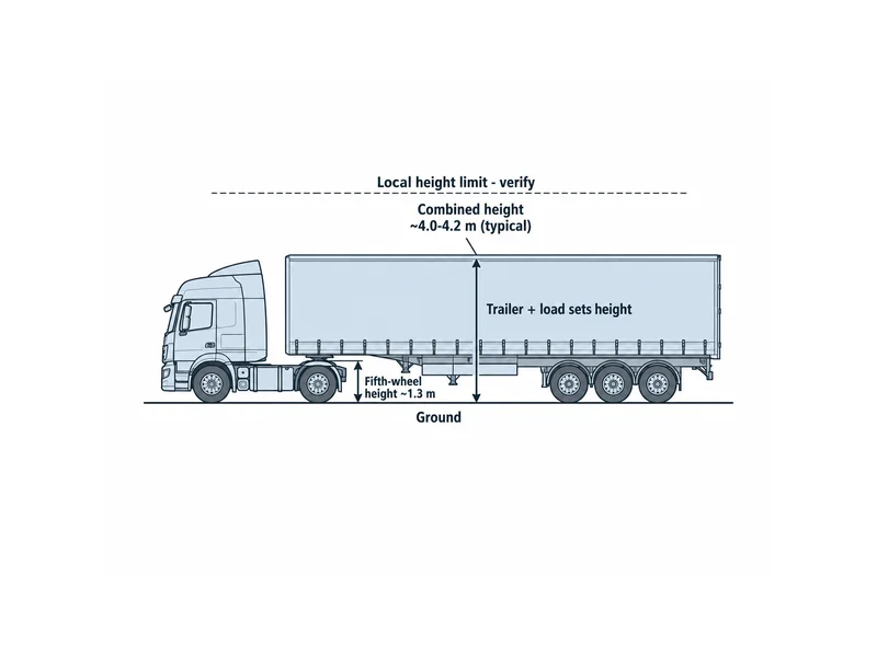 Diagram of a HOWO tractor fifth-wheel height near 1.3 m adding to a trailer for a combined rig height around 4.0 to 4.2 m against a height limit.