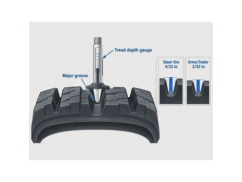 Tread depth measurement diagram contrasting the 4/32 inch steer limit and 2/32 inch drive and trailer limit on HOWO tractor tires