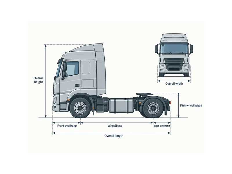 Labeled side view marking the key HOWO tractor truck dimensions: overall length, width, height, wheelbase, front and rear overhang, and fifth-wheel height.