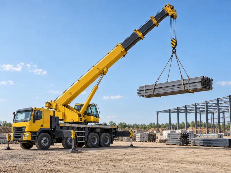 HOWO truck crane lifting steel components at working radius with outriggers deployed on site