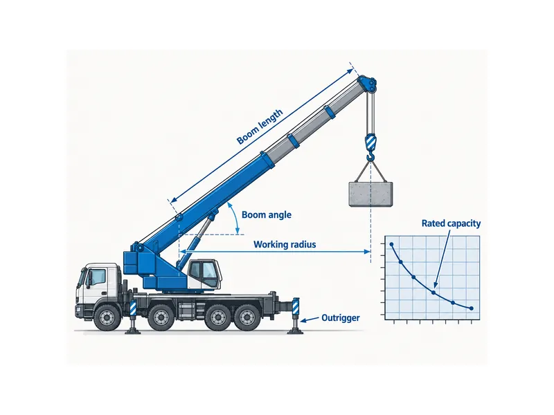 Load chart diagram showing how HOWO truck crane lifting capacity changes with working radius and boom length