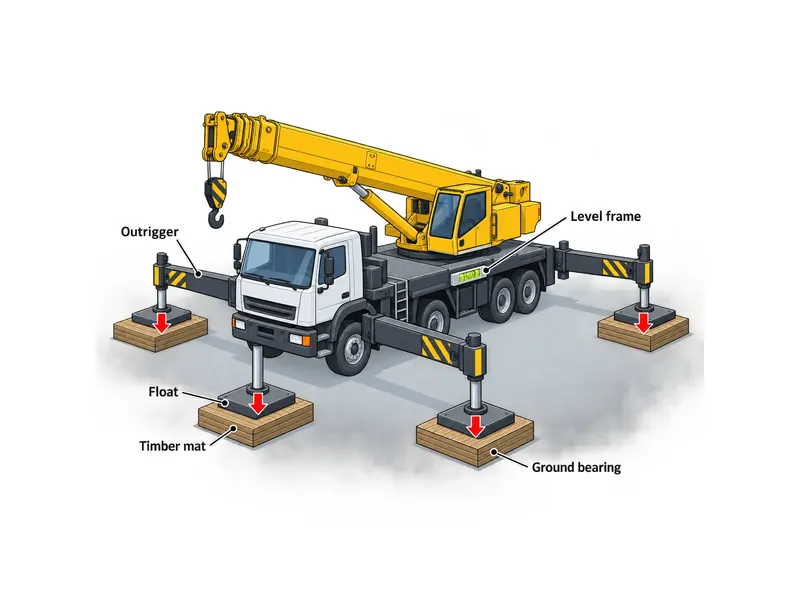 HOWO truck crane outrigger deployment on timber mats showing ground bearing and level setup