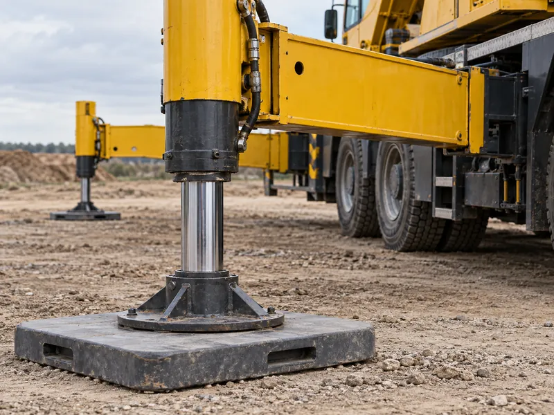 Deployed outrigger and load-spreading pad supporting a HOWO truck crane's rated lifting capacity