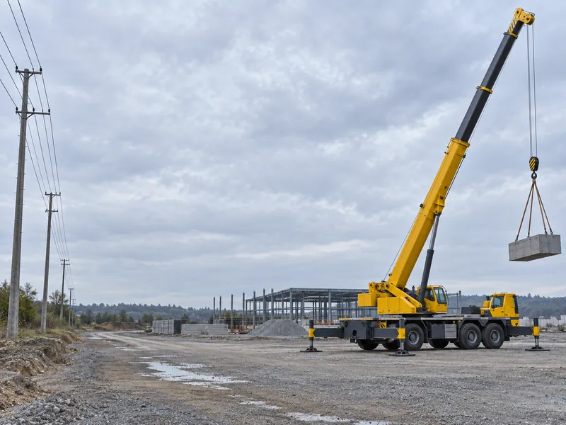 HOWO truck crane lifting on a construction site with outriggers deployed and safe clearance from overhead power lines
