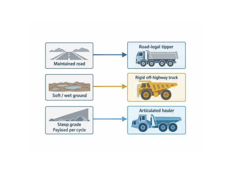 Diagram matching Shacman dump truck class to haul-road condition, grade, and payload for mining