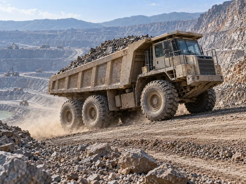 Shacman dump truck climbing a graded mine ramp on deep-tread off-road tires