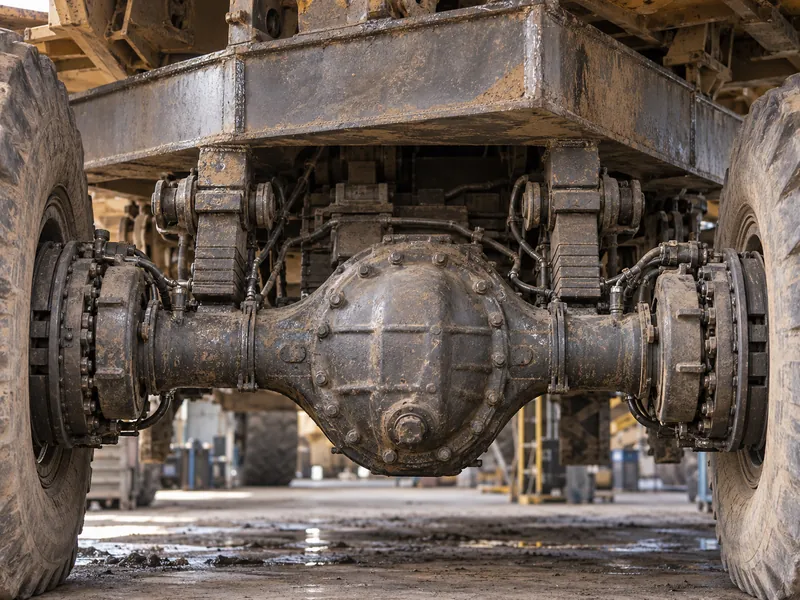 Close-up of a Shacman mining dump truck heavy drive axle and reinforced double-layer frame